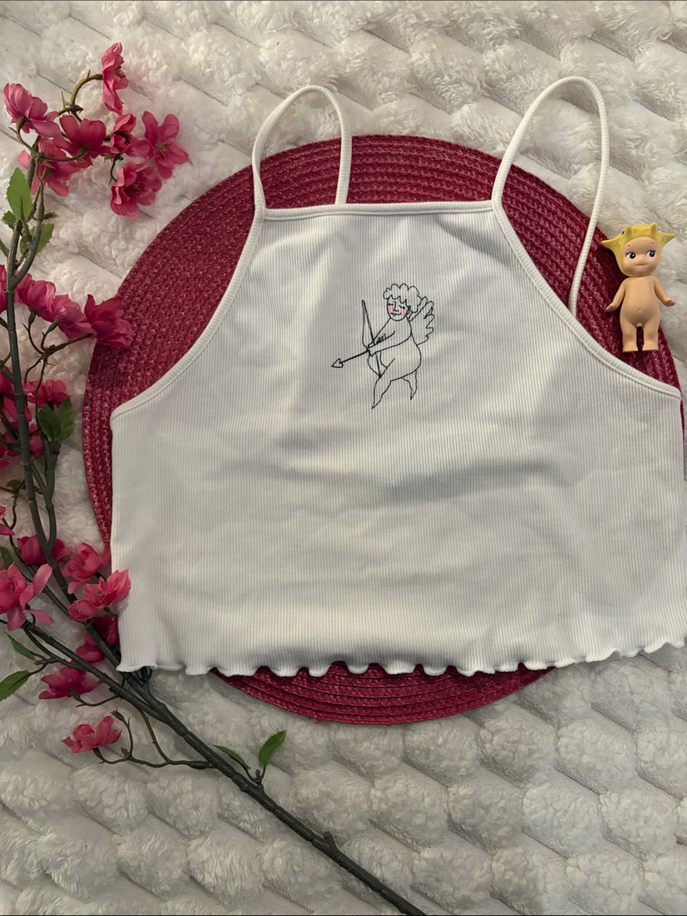 Urban Outfitters White Ribbed Spaghetti Strap Tank with Cupid Graphic